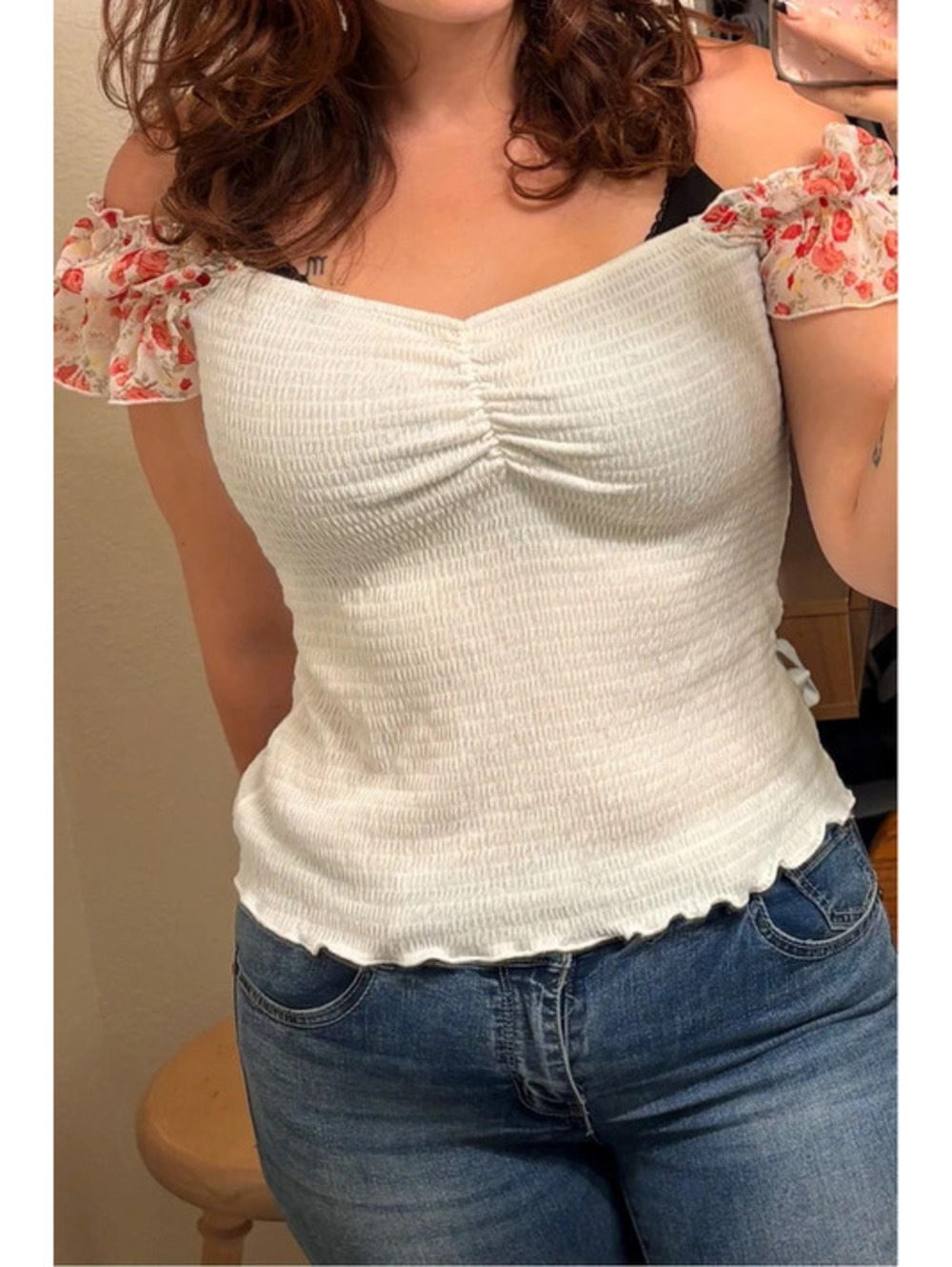 White CottageCore boho fitted off the shoulder top with sheer floral sleeves